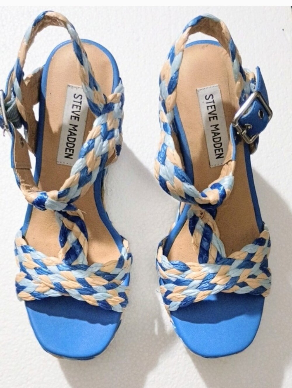 Steve Madden Blue Raffia Braided Slingback Espadrilwith Tan & Light Blue Accents